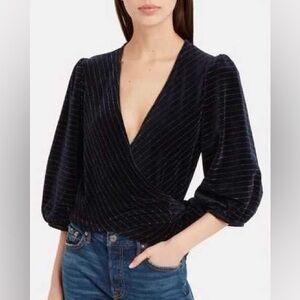 Ganni Hawley Metallic Stripe Puff Sleeve Velvet Wrap Top Total Eclipse Navy Blue